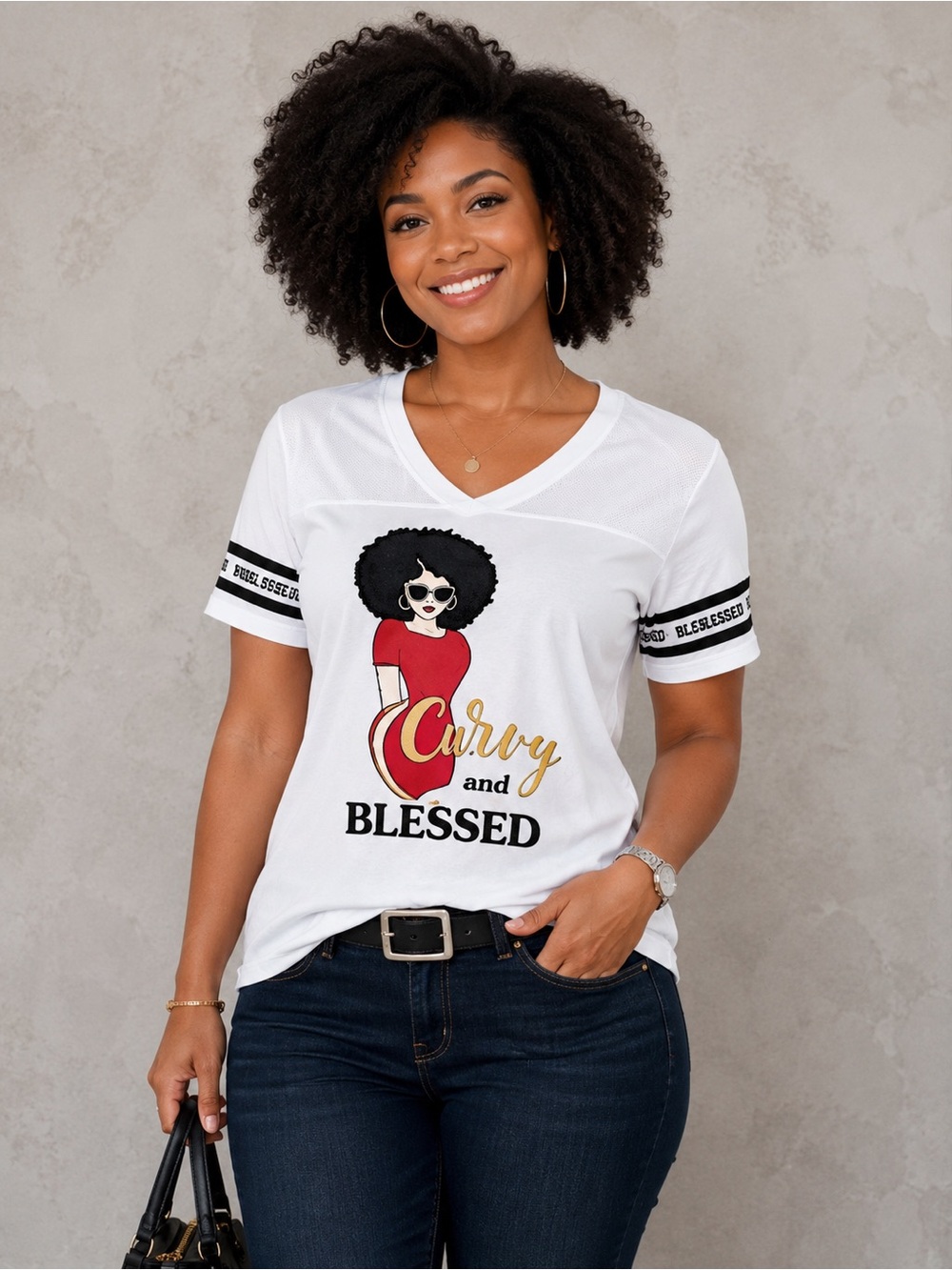 Curvy and Blessed V-Neck Graphic Tee - White